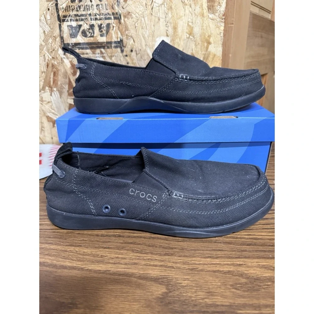 Crocs Walu 11270 Mens 11 Black Canvas Slip On Loafers Boat Shoes Comfort